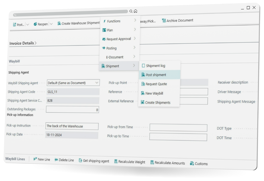 Business Central Shipment Connector mockup